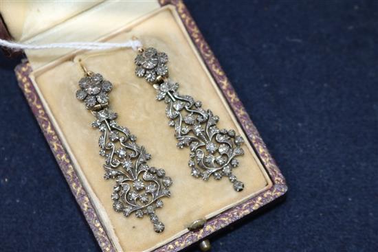 A pair of early 20th century Indian? yellow and white metal, rosecut diamond set drop earrings, 46mm.